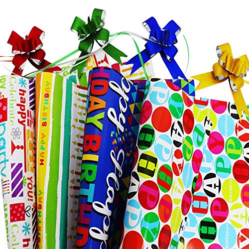 Birthday Wrapping Paper Sheet 8 Sheets Folded Flat Gift Wrap Paper with 4 Decorative Bows, Kids Birthday Gift Wrapping Paper, 20 in x 27.5 in Per Sheet