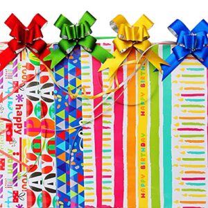 Birthday Wrapping Paper Sheet 8 Sheets Folded Flat Gift Wrap Paper with 4 Decorative Bows, Kids Birthday Gift Wrapping Paper, 20 in x 27.5 in Per Sheet