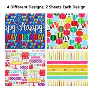 Birthday Wrapping Paper Sheet 8 Sheets Folded Flat Gift Wrap Paper with 4 Decorative Bows, Kids Birthday Gift Wrapping Paper, 20 in x 27.5 in Per Sheet