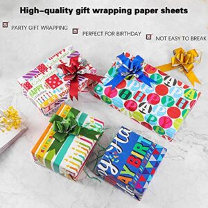 Birthday Wrapping Paper Sheet 8 Sheets Folded Flat Gift Wrap Paper with 4 Decorative Bows, Kids Birthday Gift Wrapping Paper, 20 in x 27.5 in Per Sheet