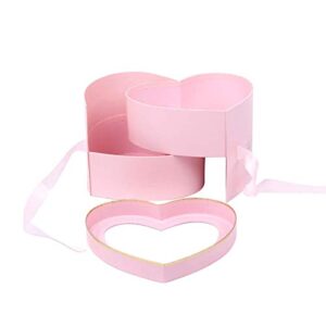 Heart Shaped Flower Boxes for Presents with Lids and Ribbons, Double Layers Luxury Gift Packaging for Anniversary, Mother's Day, Valentine's Day, Birthday (Pink)