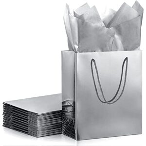 12 pack metallic gift bags party favor bags paper shopping bags with handles bulk and 12 sheets gift tissue paper wrapping paper for birthdays, wedding, party favors, 9 x 8 x 4 inch(silver)