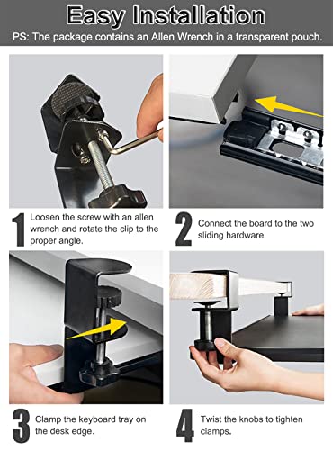 Under Desk Keyboard Tray for Corner L Shaped Desk, Clamp On Keyboard Drawer Slide Out, Ergonomic Desk Extender with Swivel Clips NO Need to Dill Holes, Black