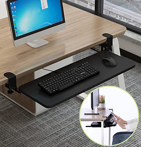 Under Desk Keyboard Tray for Corner L Shaped Desk, Clamp On Keyboard Drawer Slide Out, Ergonomic Desk Extender with Swivel Clips NO Need to Dill Holes, Black