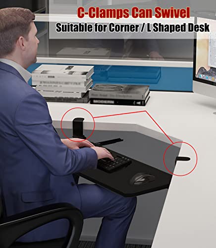 Under Desk Keyboard Tray for Corner L Shaped Desk, Clamp On Keyboard Drawer Slide Out, Ergonomic Desk Extender with Swivel Clips NO Need to Dill Holes, Black