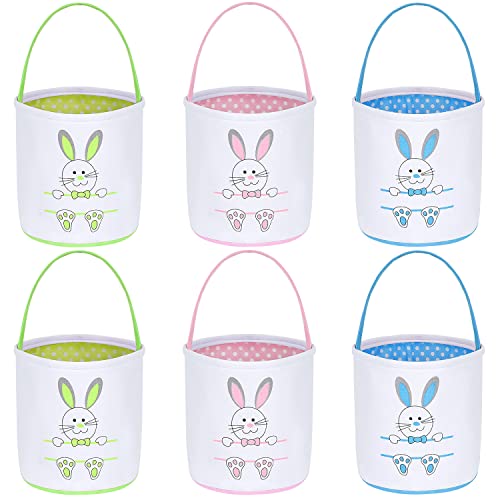 6 Pack Easter Egg Hunt Basket for Kids Bunny Canvas Tote Gifts Bags Eggs Candy & Gifts Carry Bucket Easter Baskets Bunny Bags Canvas Rabbit Fluffy Tail Basket Buckets Easter Egg Hunt Party Decorations