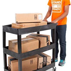 Stand Steady Tubstr 3 Shelf Utility Cart | Heavy Duty Service Cart Supports Up to 400 lbs | Tub Cart with Deep Shelves | Great for Warehouse, Garage, Cleaning, Office & More (32 x 18 / Black)