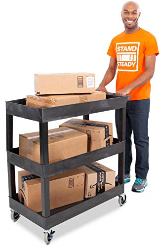 Stand Steady Tubstr 3 Shelf Utility Cart | Heavy Duty Service Cart Supports Up to 400 lbs | Tub Cart with Deep Shelves | Great for Warehouse, Garage, Cleaning, Office & More (32 x 18 / Black)