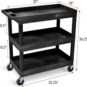 Stand Steady Tubstr 3 Shelf Utility Cart | Heavy Duty Service Cart Supports Up to 400 lbs | Tub Cart with Deep Shelves | Great for Warehouse, Garage, Cleaning, Office & More (32 x 18 / Black)