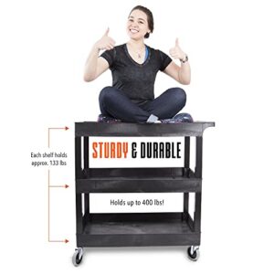 Stand Steady Tubstr 3 Shelf Utility Cart | Heavy Duty Service Cart Supports Up to 400 lbs | Tub Cart with Deep Shelves | Great for Warehouse, Garage, Cleaning, Office & More (32 x 18 / Black)