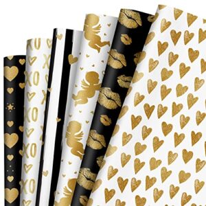 whaline 12 sheet valentine’s day wrapping paper black gold white heart lip print wrapping paper love xoxo art paper for wedding anniversary baby shower birthday gift packing, 20 x 28 inch