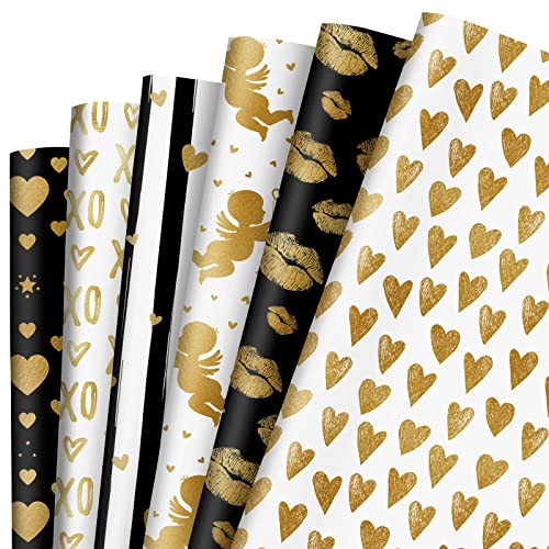 Whaline 12 Sheet Valentine's Day Wrapping Paper Black Gold White Heart Lip Print Wrapping Paper Love XoXo Art Paper for Wedding Anniversary Baby Shower Birthday Gift Packing, 20 x 28 Inch