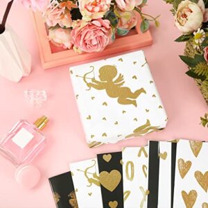 Whaline 12 Sheet Valentine's Day Wrapping Paper Black Gold White Heart Lip Print Wrapping Paper Love XoXo Art Paper for Wedding Anniversary Baby Shower Birthday Gift Packing, 20 x 28 Inch