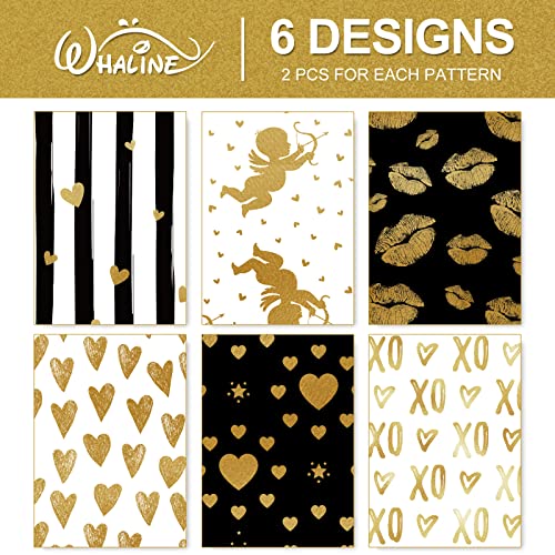 Whaline 12 Sheet Valentine's Day Wrapping Paper Black Gold White Heart Lip Print Wrapping Paper Love XoXo Art Paper for Wedding Anniversary Baby Shower Birthday Gift Packing, 20 x 28 Inch