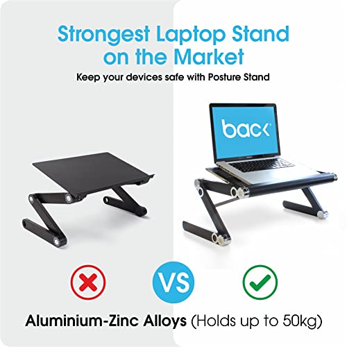 BackPainHelp Posture Laptop Stand Desk Table Tray for Bed, Aluminium, Adjustable Portable Folding Standing Desk Computer Riser (Black)