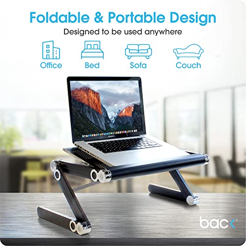 BackPainHelp Posture Laptop Stand Desk Table Tray for Bed, Aluminium, Adjustable Portable Folding Standing Desk Computer Riser (Black)