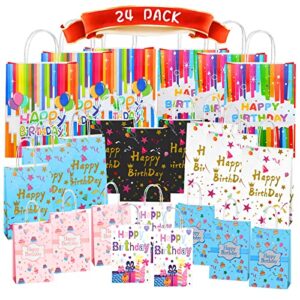 Colodeol Birthday Gift Bag with Handle,24 PCS Gift Bags Assorted Sizes, Large, Medium, Small Size Gift Bag for Kids, Boys, Girls, Women and Men’ Birthdays Party