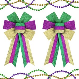 estivaux 2 pieces mardi gras bows for wreath, mardi gras wreath bows glitter green purple gold stripe bows fat tuesday bows bows for front door mardi gras masquerade party decorations