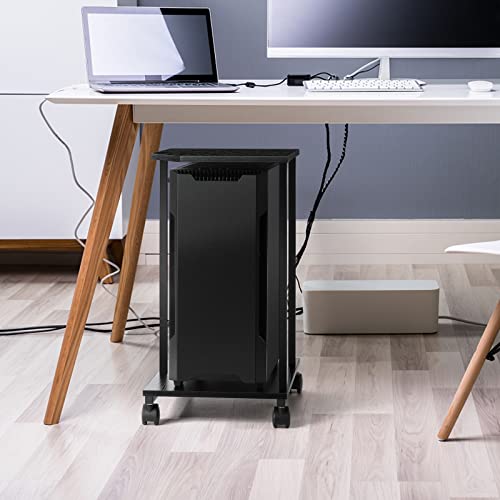 Computer Tower Stand, CPU Stand 2-Tier PC Stand Rustic Wood Desktop Printer Stand Table Top with Lockable Rolling Caster Wheels Under Desk for Office Home Fits Most PC, Black