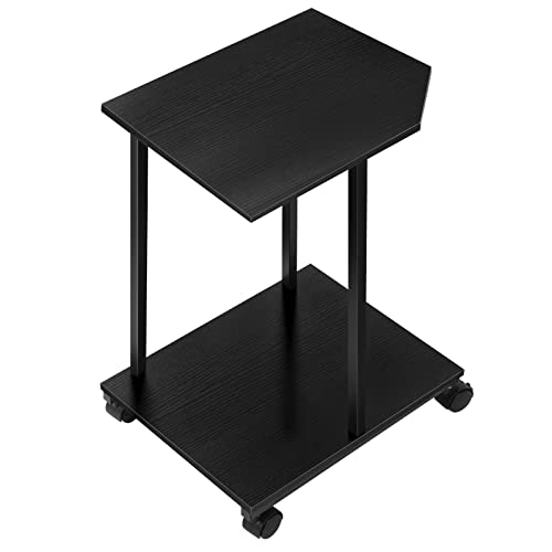 Computer Tower Stand, CPU Stand 2-Tier PC Stand Rustic Wood Desktop Printer Stand Table Top with Lockable Rolling Caster Wheels Under Desk for Office Home Fits Most PC, Black