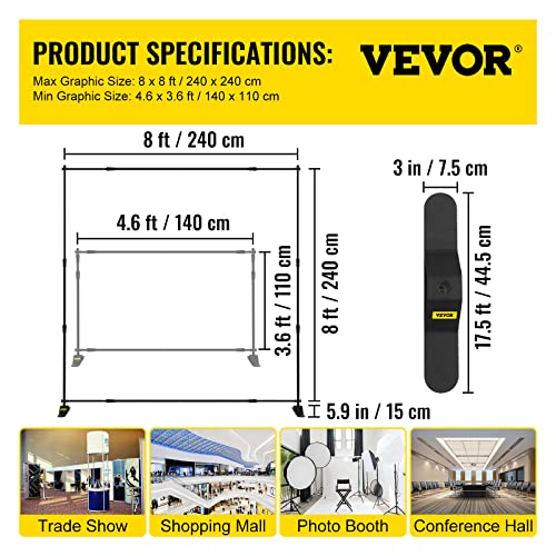 VEVOR 8 X 8 Ft Banner Stand Adjustable Height and Width Display Backdrop Lightweight Portable Trade Show Wall for Photography