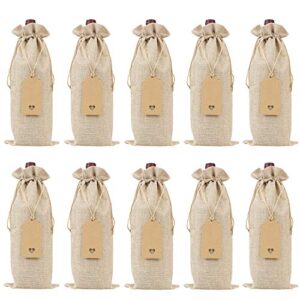 keniot burlap wine bags wine gift bags with drawstrings, single reusable wine bottle covers with ropes and tags (10 pcs)