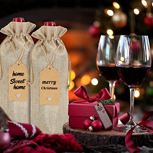 Keniot Burlap Wine Bags Wine Gift Bags with Drawstrings, Single Reusable Wine Bottle Covers with Ropes and Tags (10 Pcs)