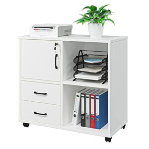 office storage cabinet with 2 drawers, modern rolling cabinet with 3 storage shelves printer stand table with wheels for home office storage (white)