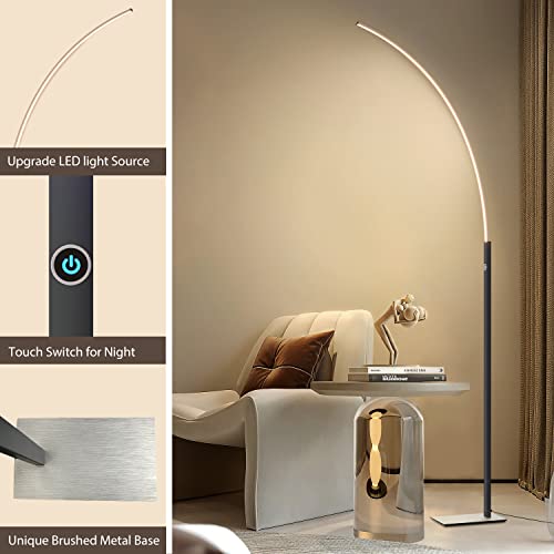 Modern 63" Arc Floor Lamp - Brushed Sliver Standing Lamp for Living Room and Bedroom, Touch Control 3000K Warm Light and 3-Way Dimmable Brightness Grey Lamp, Unique LED Corner Floor Lamp for Couch