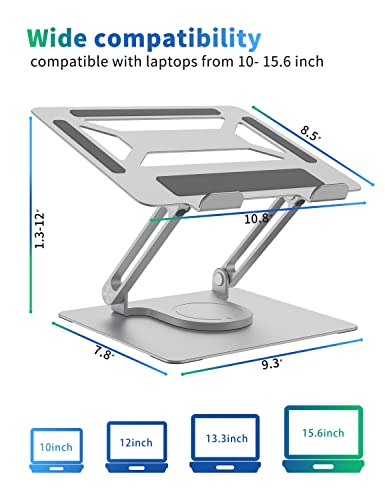 SOUNDANCE Adjustable Laptop Stand with 360° Rotating Heavy Base, Ergonomic Laptop Riser for Desk, Stable Laptop Holder for Collaborative Working, Suit for 10-15.6" PC Computer, Dual Shaft, Silver