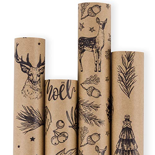 RUSPEPA Christmas Wrapping Paper - Brown Kraft Paper with Black Christmas Elements Print Paper - 4 Roll-30Inch X 10Feet Per Roll