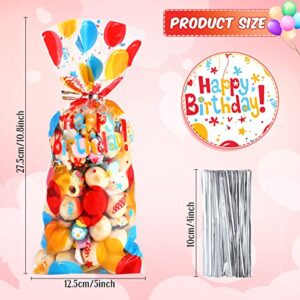 100 Pieces Birthday Party Treat Bags Bright Balloon Print Clear Plastic Cellophane Candy Goodie Gift Bags with 100 Pieces Silver Twist Ties for Birthday Party Decorations