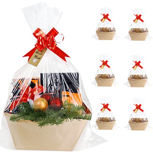 Bigger Baskets for Gifts Empty ,6 Pack Sturdy Kraft Basket With Handles Gift Basket Kit,6 Shrink Wrap Bags, 6 Bows and Hang Tag，Empty Gift Baskets Supplies Wrap To Fill For Holiday And Any Occasion