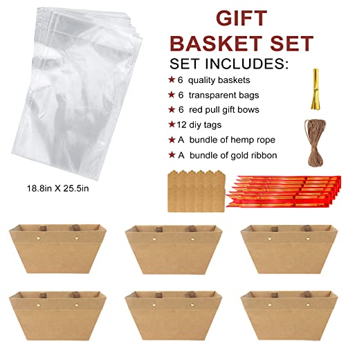 Bigger Baskets for Gifts Empty ,6 Pack Sturdy Kraft Basket With Handles Gift Basket Kit,6 Shrink Wrap Bags, 6 Bows and Hang Tag，Empty Gift Baskets Supplies Wrap To Fill For Holiday And Any Occasion