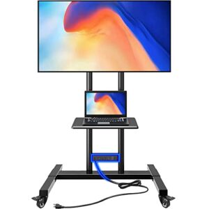 greenstell tv stand with power outlet, mobile tv cart on wheels for 32-85 inch led lcd flat curved panel screens tvs up to 132lbs, height adjustable rolling tv stand with av shelf, max vesa 600x400mm