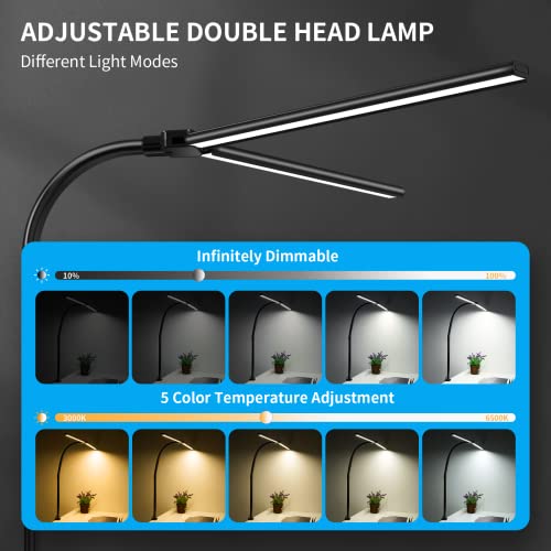 LeadGoods LED Desk Lamp, Double Head LED Desk Lamps for Home Office Architect Workbench 31.5" Wide Lighting-5 Color Modes and Stepless Dimming Auto Timer 24W Modern Desk Lamp Clamp for Monitor Studio
