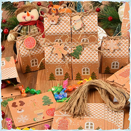 YKLIGTN 50 Packs latest Christmas Candy & Cookie Boxes, Gift Wap Bags with 108PCS DIY Pattern Tags and hemp rope,Creative Small&Stickers House Design Food Storage Wedding or Baby Shower Party Favors