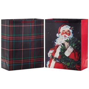 hallmark 15″ extra large christmas gift bag set (2 bags: classic santa, black, red and green plaid) for friends, family, teachers, coworkers