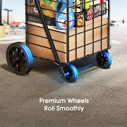 Amada Shopping Cart for Groceries with 176LBS/91L Large Capacity, Heavy Duty Grocery Cart with Wheels, Folding Utility Shopping Cart on Wheels for Groceries, Laundry, Pantry, Garage