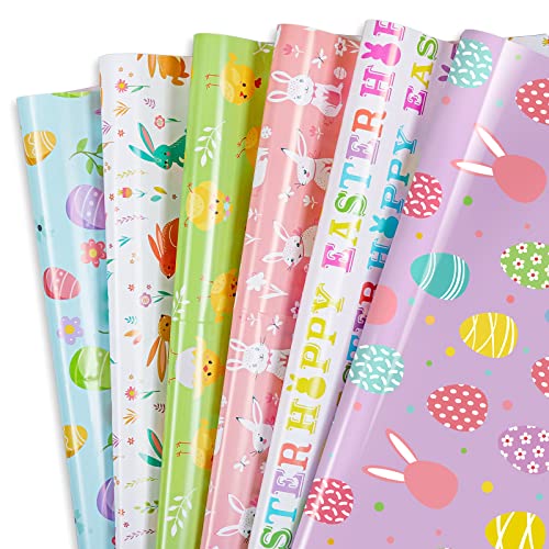 Whaline 12 Sheet Easter Wrapping Paper 6 Designs Easter Egg Bunny Rabbit Wrapping Paper Watercolor Cartoon Art Paper for Spring Holiday Birthday Baby Shower Party Gift Wrap DIY Craft, 19.7 x 27.6 in