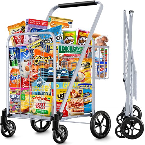 Shopping Cart, Jumbo Double Basket Grocery Cart 340 lbs Capacity Folding Shopping Cart with 360° Rolling Swivel Wheels Super Loading Utility Shopping Cart for Laundry, Shopping, Grocery, Luggage