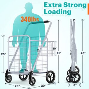 Shopping Cart, Jumbo Double Basket Grocery Cart 340 lbs Capacity Folding Shopping Cart with 360° Rolling Swivel Wheels Super Loading Utility Shopping Cart for Laundry, Shopping, Grocery, Luggage