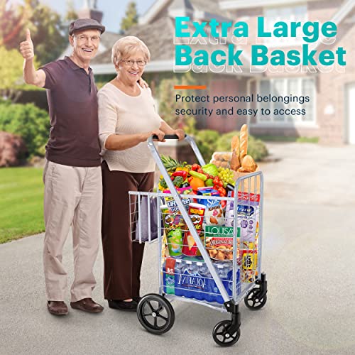 Shopping Cart, Jumbo Double Basket Grocery Cart 340 lbs Capacity Folding Shopping Cart with 360° Rolling Swivel Wheels Super Loading Utility Shopping Cart for Laundry, Shopping, Grocery, Luggage