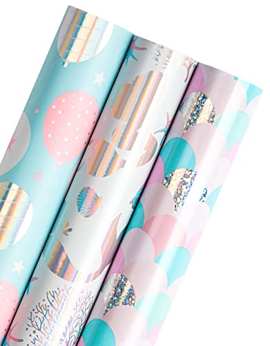 WRAPAHOLIC Wrapping Paper Roll - Mini Roll - 3 Rolls - 17 Inch X 120 Inch Per Roll - Mermaid Scale and Jellyfish Design with Colorful Foil for Birthday, Holiday, Baby Shower