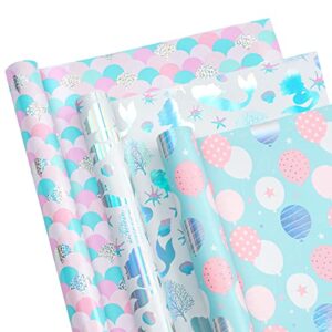 WRAPAHOLIC Wrapping Paper Roll - Mini Roll - 3 Rolls - 17 Inch X 120 Inch Per Roll - Mermaid Scale and Jellyfish Design with Colorful Foil for Birthday, Holiday, Baby Shower