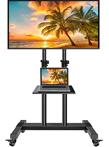 Mobile TV Stand with Wheels for 32 to 70 Inch Flat/Curved Panel Screen TVs Tilting TV Cart Height Adjustable Max VESA 600x400mm Extra Tall Rolling Floor Stand w/Shelf Supports TV up to 99lbs PGTVMC03