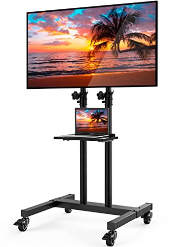 Mobile TV Stand with Wheels for 32 to 70 Inch Flat/Curved Panel Screen TVs Tilting TV Cart Height Adjustable Max VESA 600x400mm Extra Tall Rolling Floor Stand w/Shelf Supports TV up to 99lbs PGTVMC03