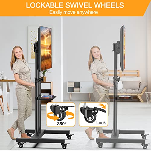 Mobile TV Stand with Wheels for 32 to 70 Inch Flat/Curved Panel Screen TVs Tilting TV Cart Height Adjustable Max VESA 600x400mm Extra Tall Rolling Floor Stand w/Shelf Supports TV up to 99lbs PGTVMC03