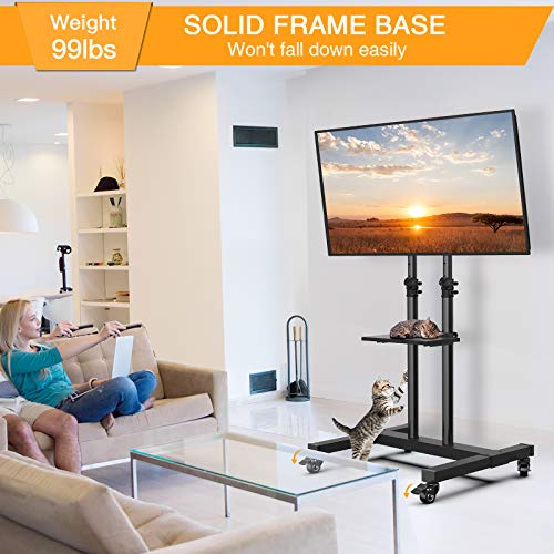 Mobile TV Stand with Wheels for 32 to 70 Inch Flat/Curved Panel Screen TVs Tilting TV Cart Height Adjustable Max VESA 600x400mm Extra Tall Rolling Floor Stand w/Shelf Supports TV up to 99lbs PGTVMC03