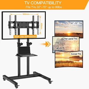 Mobile TV Stand with Wheels for 32 to 70 Inch Flat/Curved Panel Screen TVs Tilting TV Cart Height Adjustable Max VESA 600x400mm Extra Tall Rolling Floor Stand w/Shelf Supports TV up to 99lbs PGTVMC03